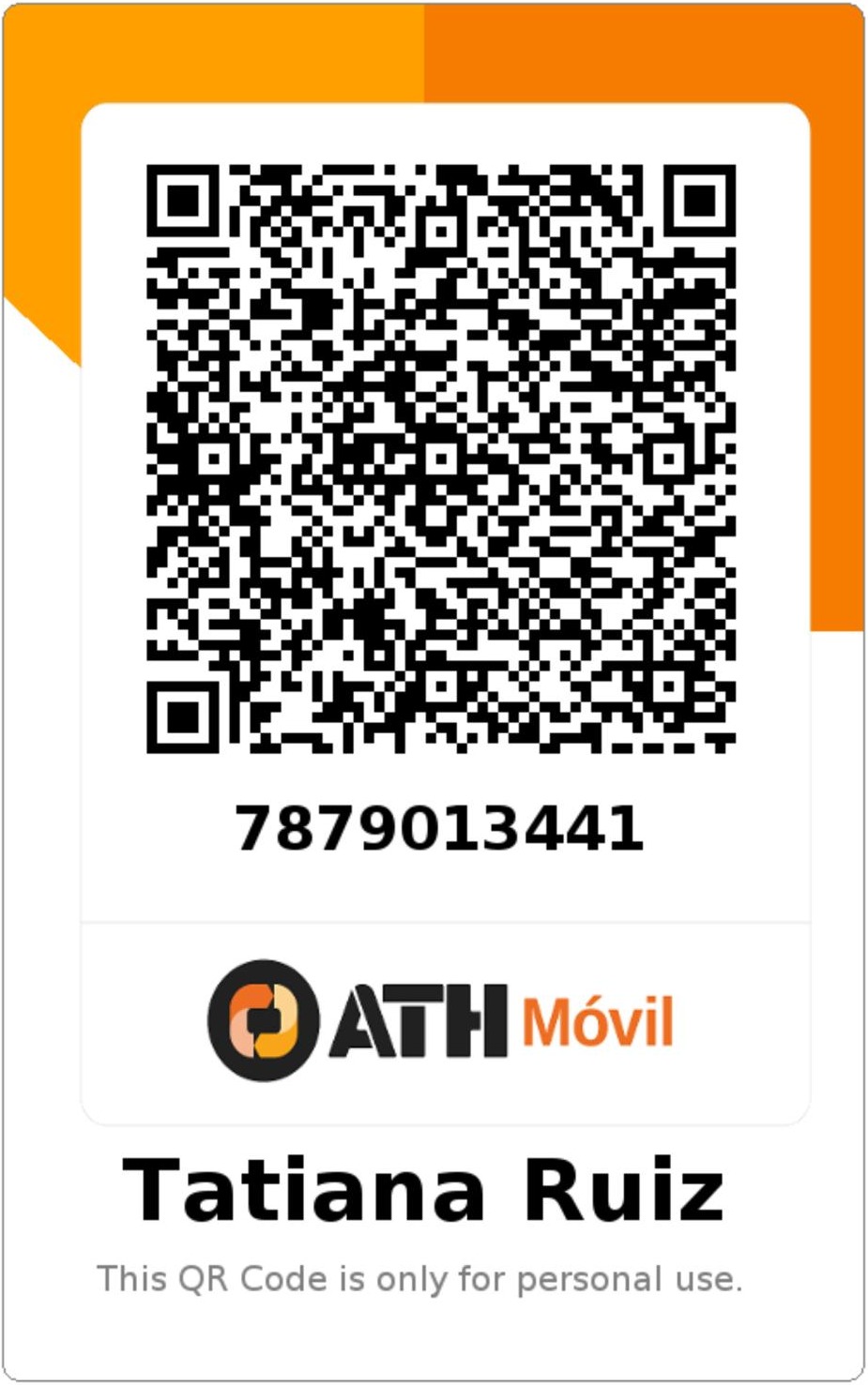 Código QR de ATH Móvil para donar a Tatiana Ruiz, 787-901-3441